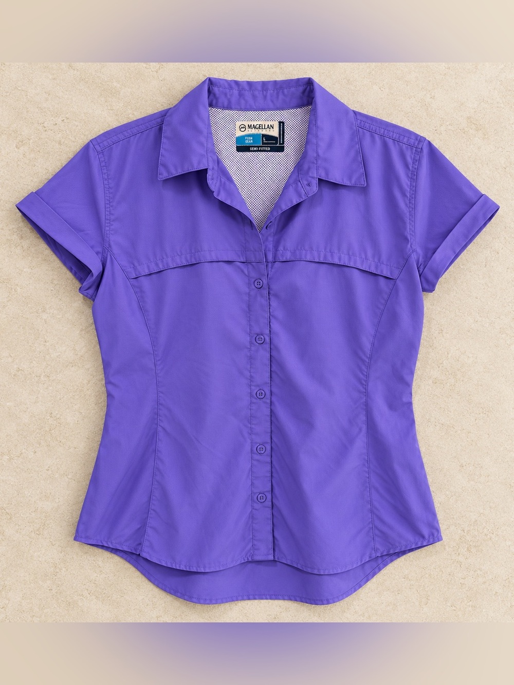 Magellan Outdoors Women's Short Sleeve Button-Front Shirt in Purple